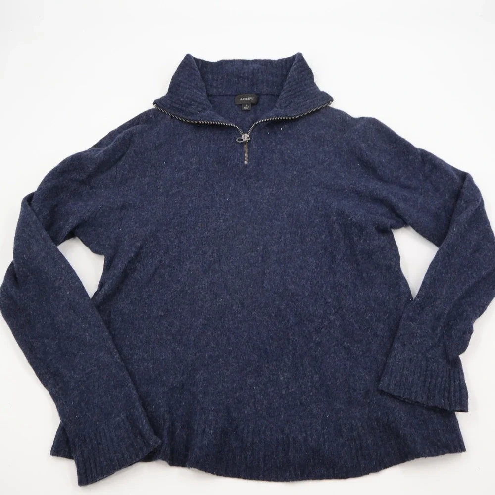 J.Crew Quarter Zip Sweater Mens Medium Navy Blue Merino Wool Blend Pullover